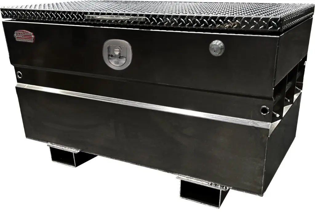 S-CS44 - 14g Steel Chest-Safe Jobsite Box, Industrial Grade, Aluminum TP Top Open Lid with Gas Springs & SS DT-Handle Pad-Lockable Crossbar Latch. Optional Fork Slots - All Powder Coat Finish.