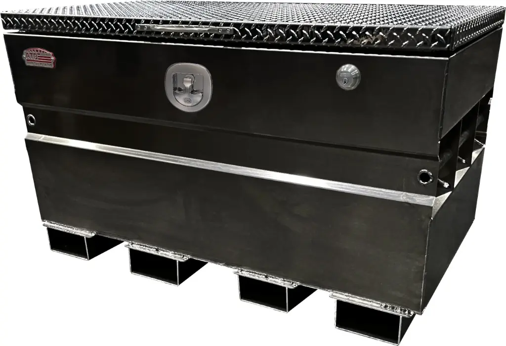S-CS44 - 14g Steel Chest-Safe Jobsite Box, Industrial Grade, Aluminum TP Top Open Lid with Gas Springs & SS DT-Handle Pad-Lockable Crossbar Latch. Optional Fork Slots - All Powder Coat Finish.