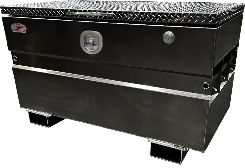 S-CS44 - 14g Steel Chest-Safe Jobsite Box, Industrial Grade, Aluminum TP Top Open Lid with Gas Springs & SS DT-Handle Pad-Lockable Crossbar Latch. Optional Fork Slots - All Powder Coat Finish.