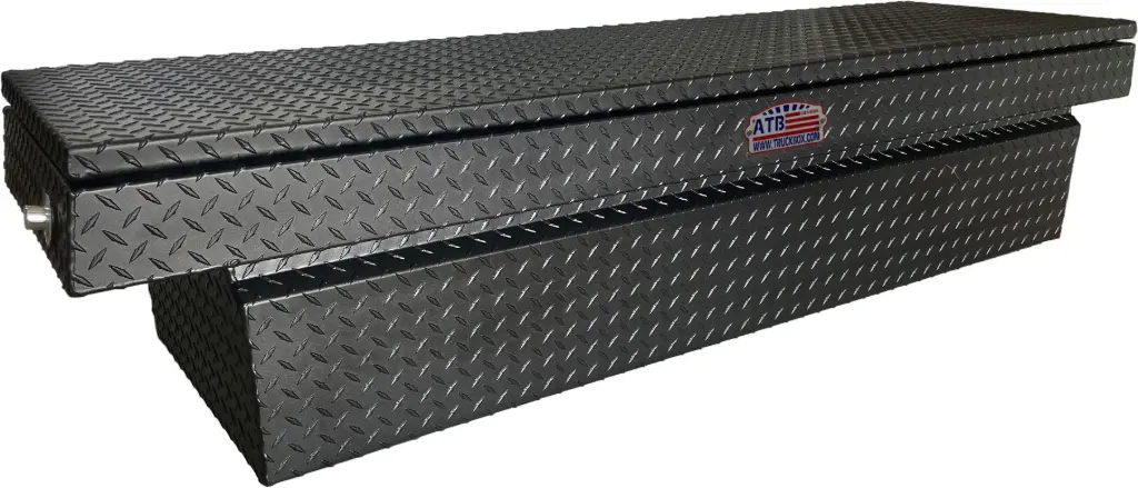 A-HC Series - Aluminum Pickup Truck Crossover Saddle Toolbox, Heavy Duty, Top Open Lid with Advanced Push Button Lock & Pro-Sliding Tray, Diamond TP/Powder Coat Finish.