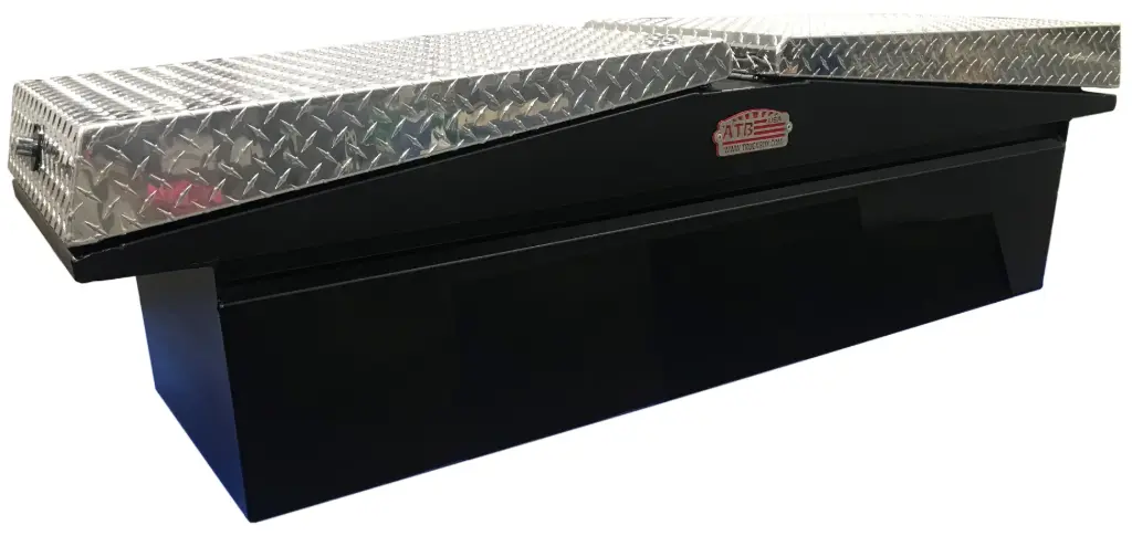 A-LG Series - Aluminum Pickup Truck Crossover Low Profile Gullwing (EZ Grab) Toolboxes, Super Heavy Duty, Smooth Aluminum Body, Double Diamond TP Top Open Lids with Push Button Locks & Pro-Sliding Tray, Smooth TP/Powder Coat Finish 