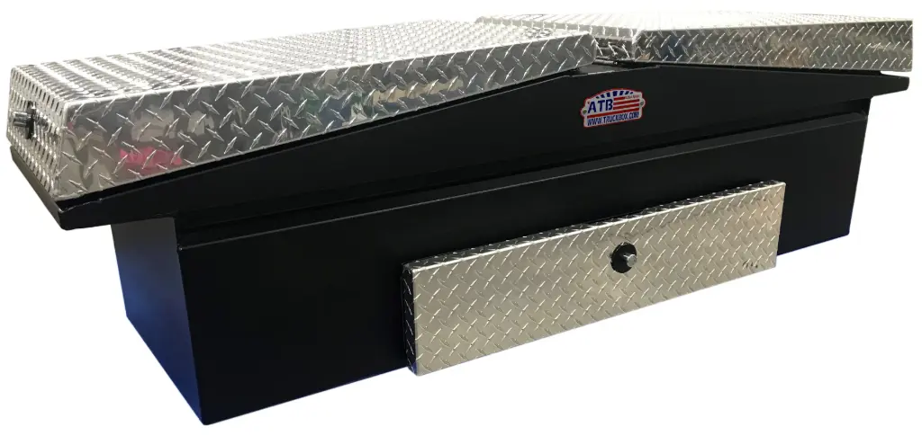 A-LG-D Series - Aluminum Pickup Truck Crossover Low Profile Gullwing (EZ Grab) Toolboxes with Drawer, Super Heavy Duty, Smooth Aluminum Body, Double Diamond TP Top Open Lids with Push Button Locks & Pro-Sliding Tray, Smooth TP/Powder Coat Finish