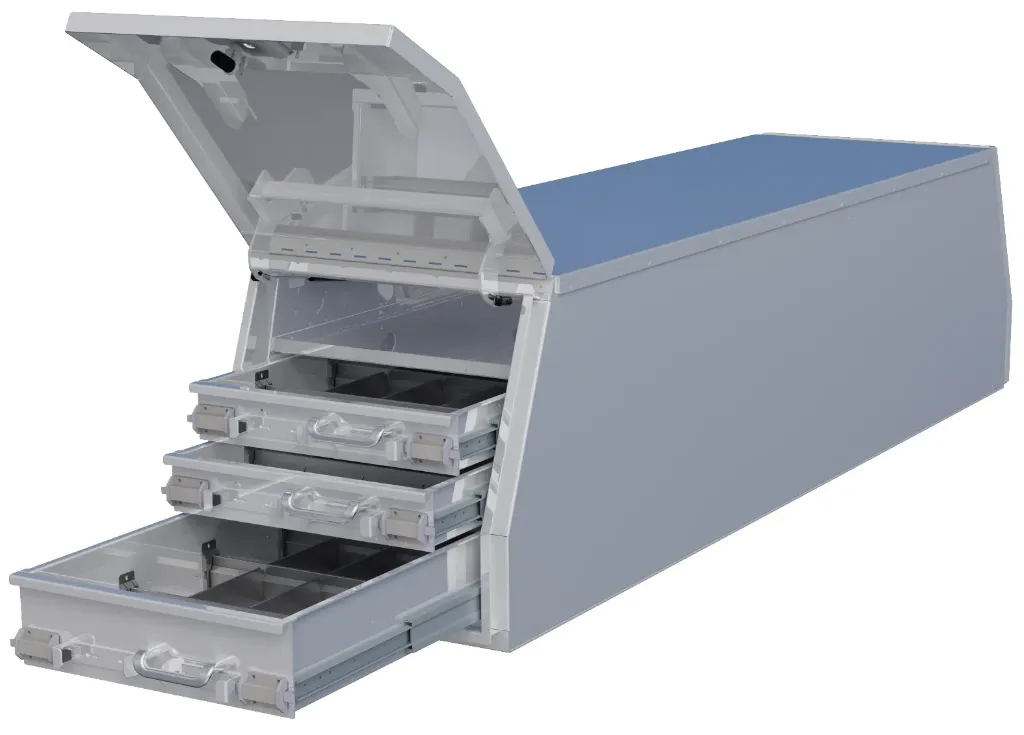 A-CGD57 - Aluminum HD Pickup Cross Drawer Flatbed Toolbox, Smooth Body Diamond Tread Both End Top Hinged Doors, Top Cross Shelf and Drawers Both end on Bottom with SS DT-T-Handle Locks