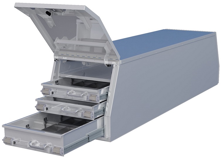[A-CGD57G-288224ST-T16] A-CGD57G - Aluminum HD Pickup Cross Drawer Flatbed Toolbox, Smooth Body Diamond Tread Both End Top Hinged Doors, Top Cross Shelf and Drawers Both end on Bottom with SS DT-T-Handle Locks (28H-82D-24W - Shelf -1&2=4"-3=6" (Six Drawers))