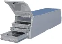 A-CGD57 - Aluminum HD Pickup Cross Drawer Flatbed Toolbox, Smooth Body Diamond Tread Both End Top Hinged Doors, Top Cross Shelf and Drawers Both end on Bottom with SS DT-T-Handle Locks