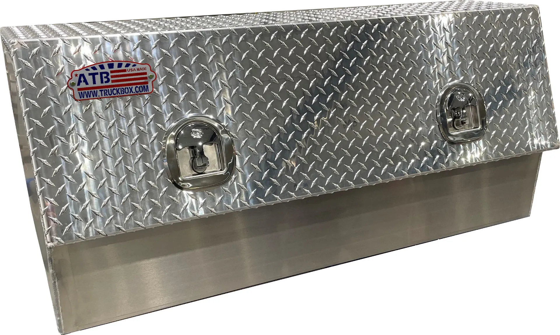 A-TU41 - Aluminum HD Top Side Utility Flat Bed Truck Trailer Toolbox, All Smooth Body Diamond TP Single Top Hinged Slanted Door with Gas Springs & DT-T-Handle Locks.