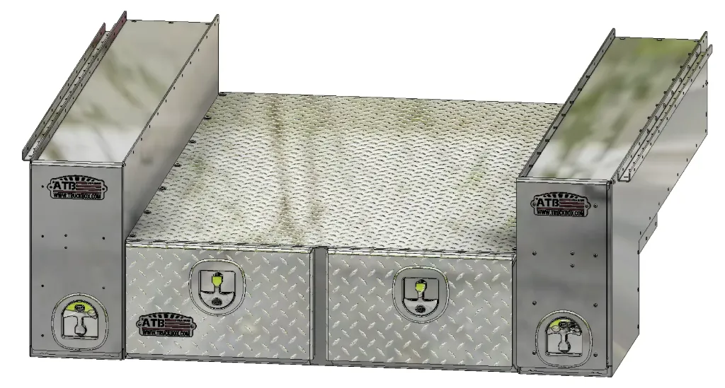 A-BS51 - 20"H x 76"D x 58"W - Aluminum Pickup Truck Bed Service-Pack with Pullout Drawers Tool-Pack, Smooth Body Diamond TP Drawer Fronts, Side Tools Organizer Boxes with Center Double Drawers Pull-outs with Dividers and SS DT-T-Handle Locks and Powder Coated MX-Black