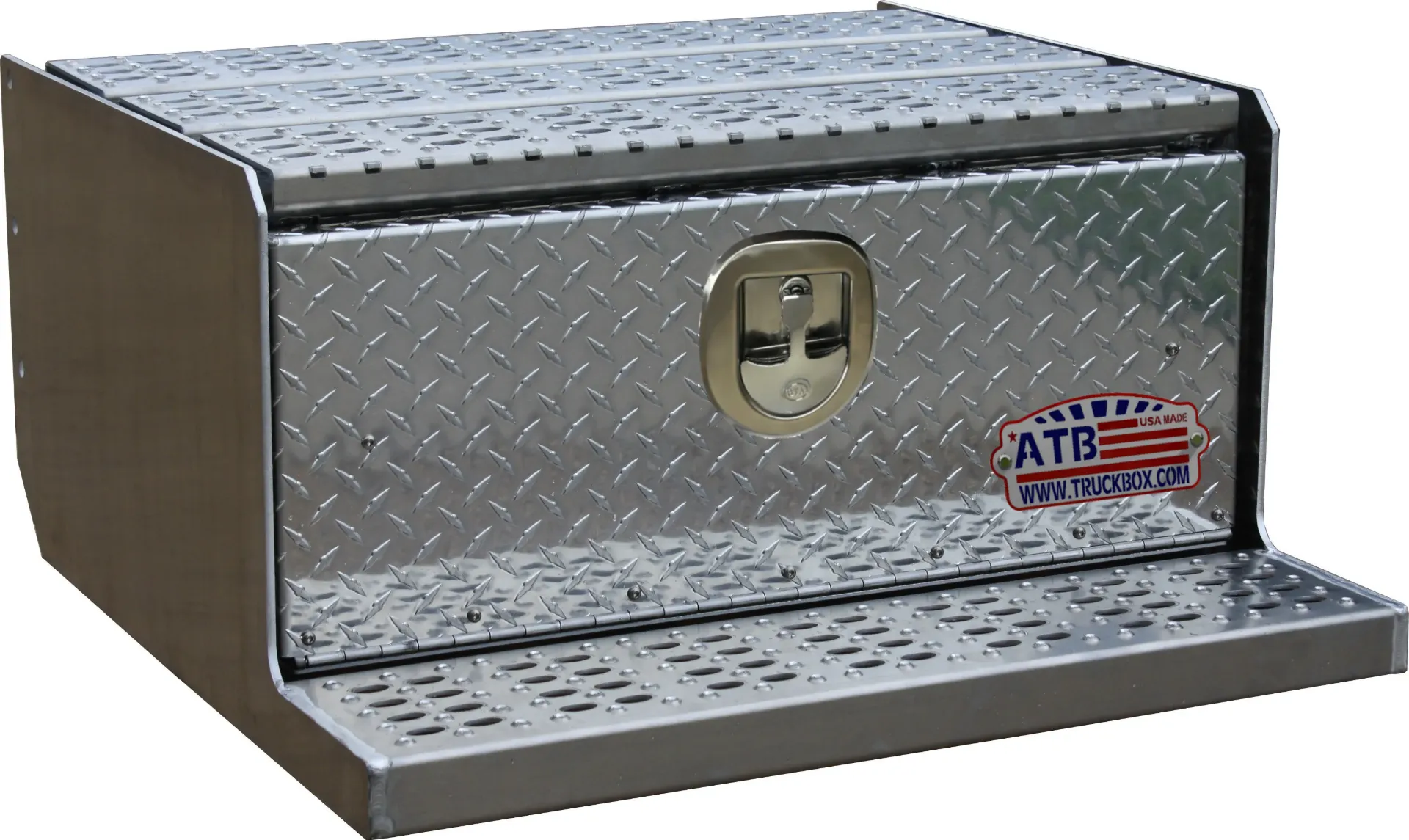 A-SF51 Series - Aluminum Semi Truck Step Frame Toolboxes - Smooth Body & Drop Open Door with Dolphine Tale T-Handle Lock & Strut Pressed Grip Steps