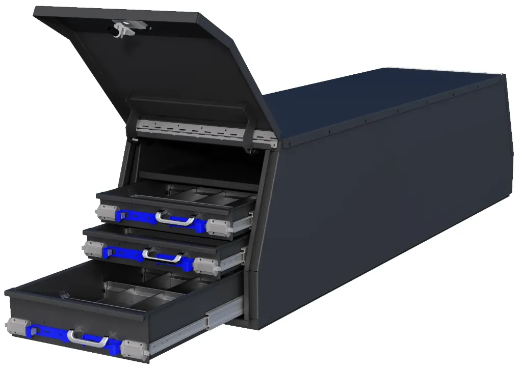 [S-CGD47-288224ST-BX16] S-CGD47 - Steel Heavy Duty Pickup Crossover Drawer Flatbed Toolboxes, Both End Top Open Hinged Doors with Gas Springs and Powder Coated Finish (28H-82D-24W - Top Shelf - 6 Drawers)