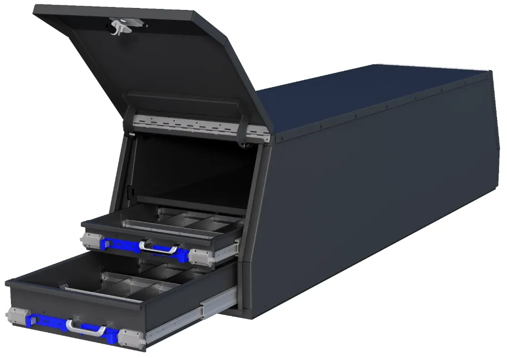 [S-CGD47-218224ST-BX14] S-CGD47 - Steel Heavy Duty Pickup Crossover Drawer Flatbed Toolboxes, Both End Top Open Hinged Doors with Gas Springs and Powder Coated Finish (21H-82D-24W - Top Shelf - 4 Drawers)