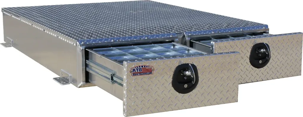 A-BP Double Drawers - Aluminum Truck Pullout Bed-Pack Toolbox Drawer System, Super Heavy Duty, Smooth Body, Diamond TP Double Top and Drawer Fronts with 500Lb Slides, Dividers and SS-DT-T Handle Locks.
