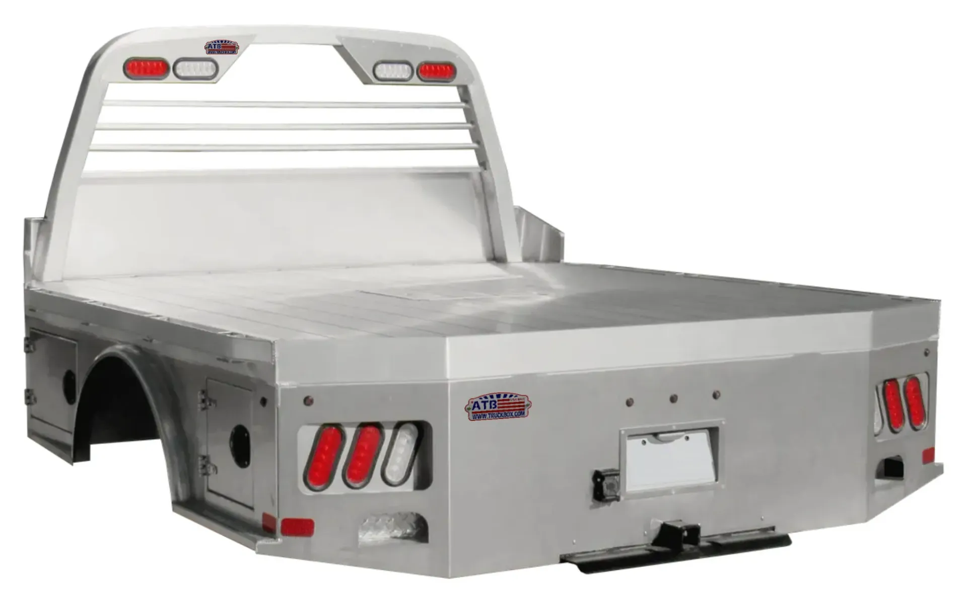 A-FB51 Series Aluminum Flat Beds with Headache Rack, Smooth Aluminum Floor, Scin and Side Boxes, Fifth Wheel, Back Hitch and LED Lighting Kit