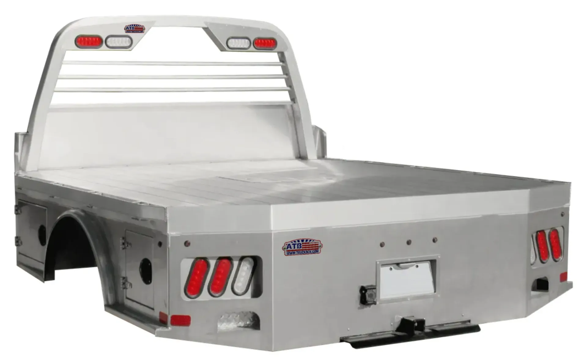 [A-FBS51X-JB-510687B-S] A-FB51 Series Aluminum Flat Beds with Headache Rack, Smooth Aluminum Floor, Scin and Side Boxes, Fifth Wheel Back Hitch and LED Lighting Kit (5"H-106D-87W Rack-40"HR 8' Bed)