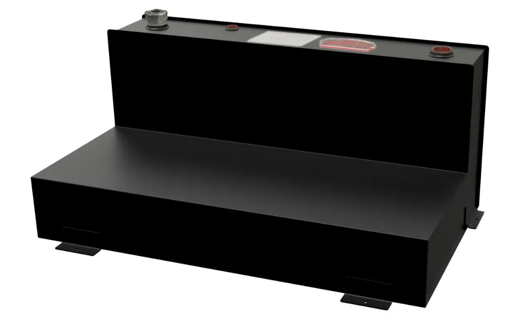 [S-TL41-203148S-BX2] S-TL41 - 14g Steel L-Shape Fuel Tank with Mounting L-Brackets, Single Baffled, Two 2", One 1-1/2" & One 3/8" Top Fittings, Side 3/8" Drain, Powder Coated MX-Black (20H, 31D, 48W)