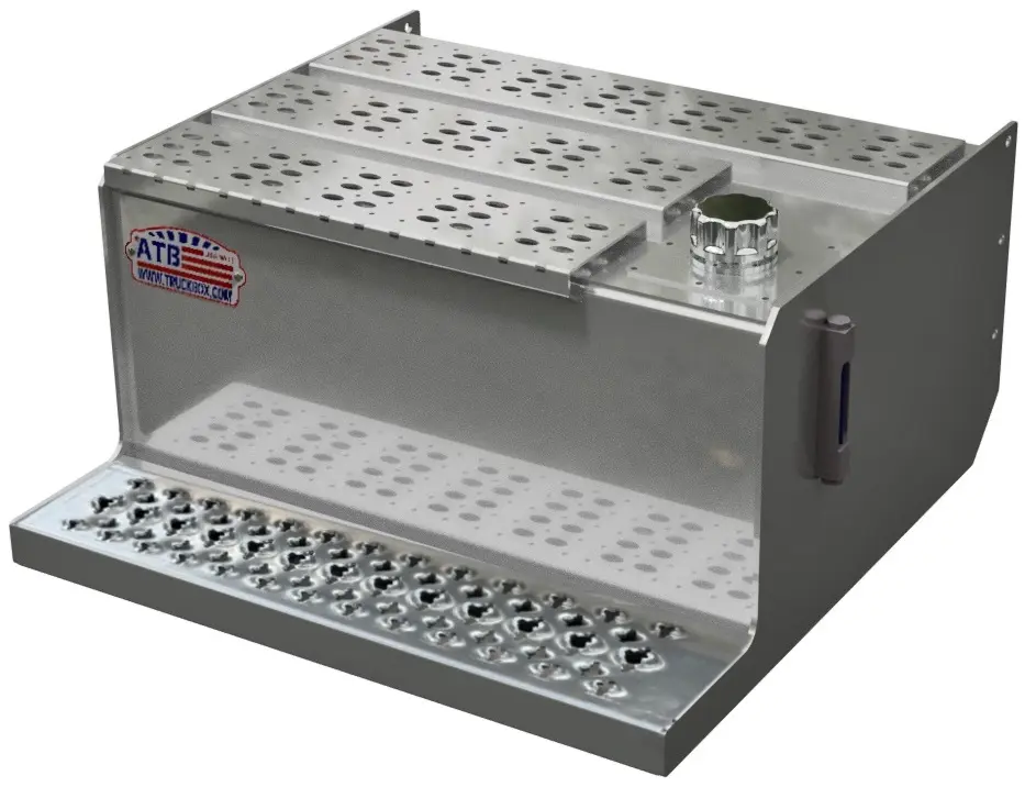 A-SO52S - Aluminum Semi Truck Oil Reservoir Frame Step Tank with Sight Glass & Filler Cap, Laser Cut Strut Pressed Grip Steps, All Smooth Finish