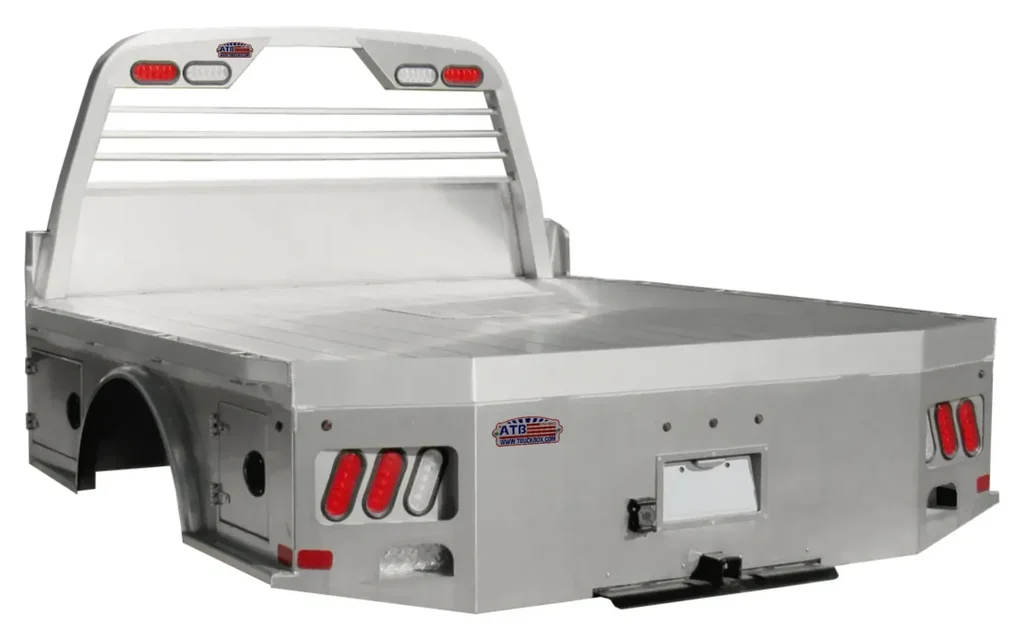 [A-FBS51X-JB-510297B-S] A-FB51 Series Aluminum Flat Beds with Headache Rack, Smooth Aluminum Floor, Scin and Side Boxes, Fifth Wheel Back Hitch and LED Lighting Kit (102D, 97W)