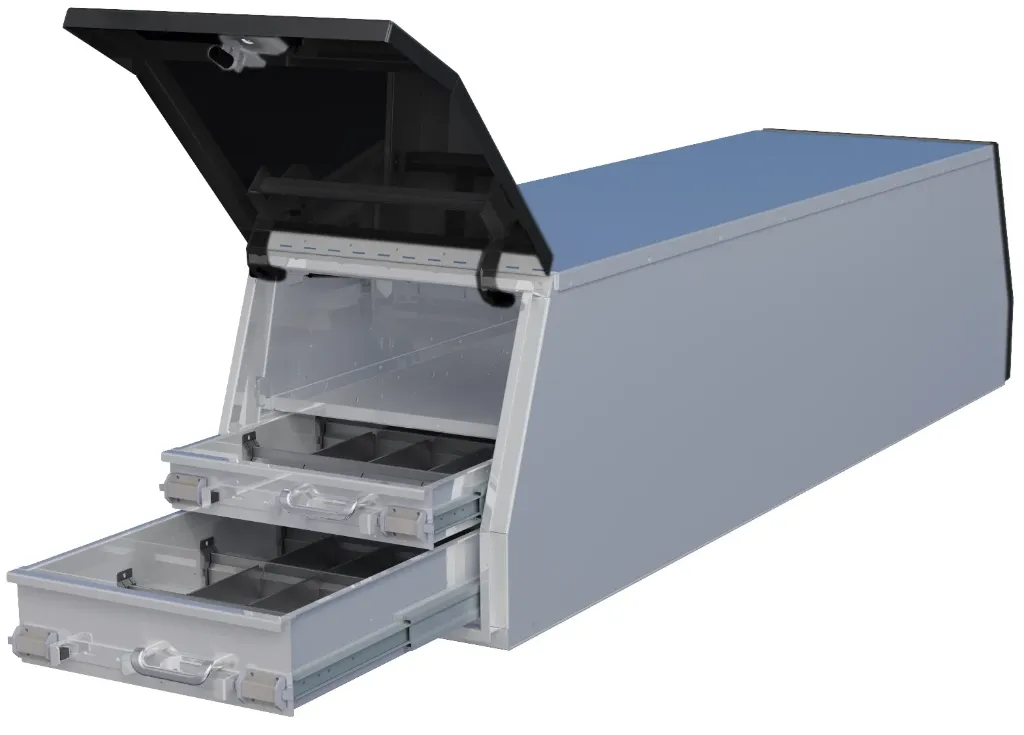 [A-CGD57-218224ST-TBXB14] A-CGD57 - Aluminum HD Pickup Cross Drawer Flatbed Toolbox, Smooth Body Diamond Tread Both End Top Hinged Doors, Top Cross Shelf and Drawers Both end on Bottom with SS DT-T-Handle Locks (21H-82D-24W - Top Shelf - 4 Drawers, Smooth Body - BX-Black TP Doors)