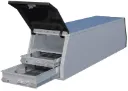 A-CGD57 - Aluminum HD Pickup Cross Drawer Flatbed Toolbox, Smooth Body Diamond Tread Both End Top Hinged Doors, Top Cross Shelf and Drawers Both end on Bottom with SS DT-T-Handle Locks