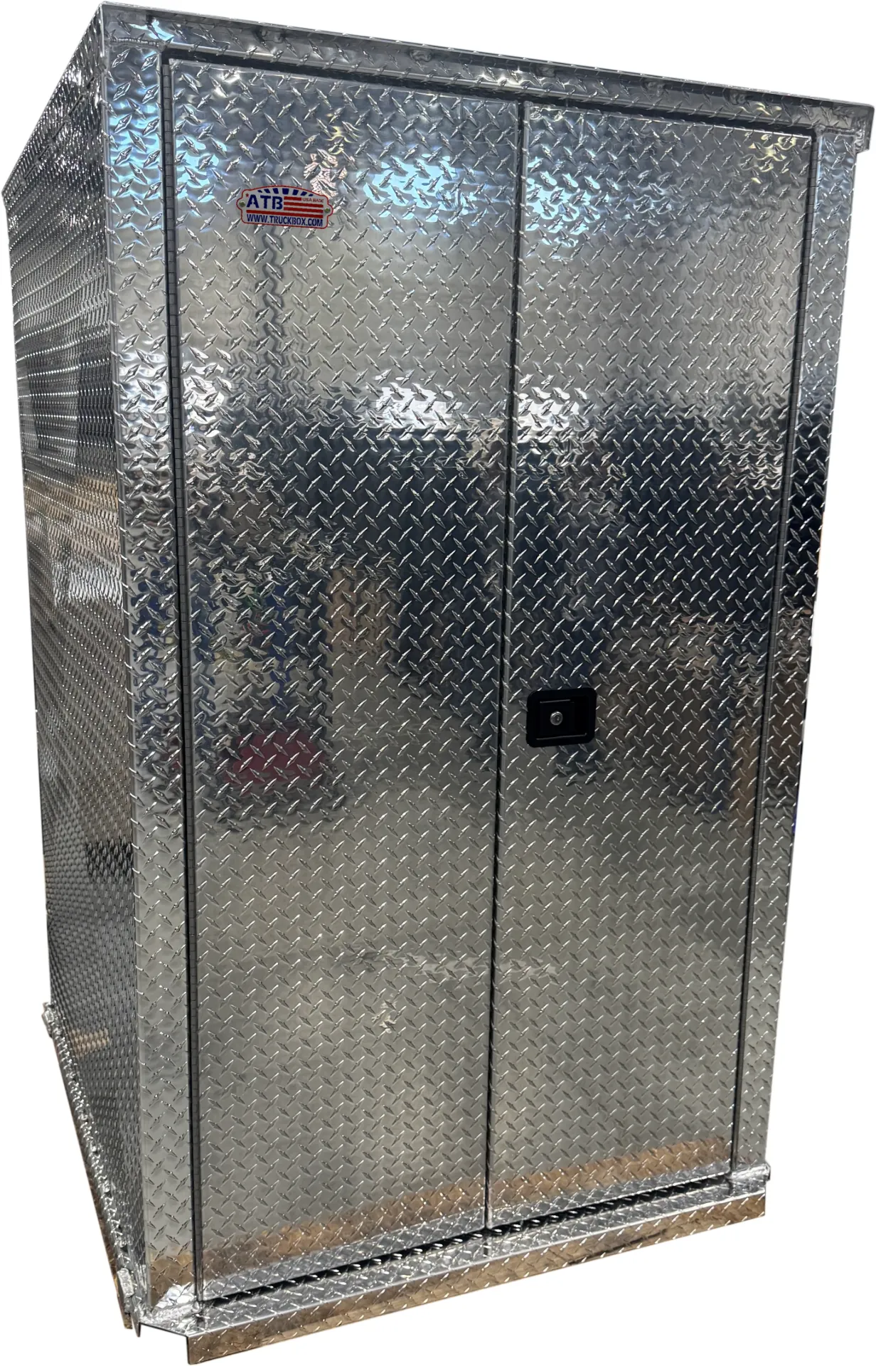 A-PTR51 - 72"H x 48.50"D x 46.75"W - Aluminum Propane Tank Enclosure, All .125 Diamond TP Finish, Right Side Open Double Doors with Three Point Latch Handle Locks, Vents, inside Shelves and Hooks.