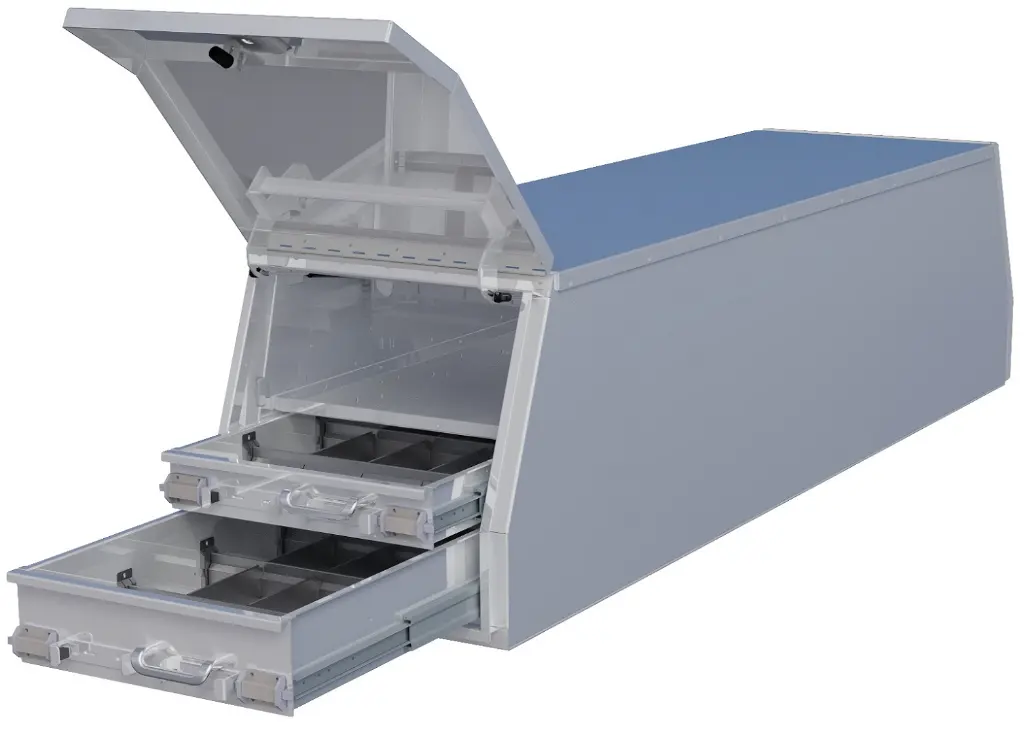 [A-CGD57-218224ST-T14] A-CGD57 - 21"H x 82"D x 24"W - Aluminum HD Pickup Cross Flatbed Toolbox, All Smooth Body and Diamond TP Finish Both End Top Hinged, 2-Drawers Each End (1T=4" & 2B=6"), One Shelf & SS DT-T-Handle Locking System