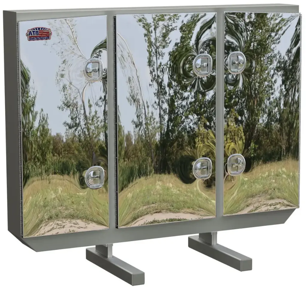 [A-RB51-681280T-MIK] A-RB51 - 68"H x 12"D x 80"W - Aluminum Semi Tractor HD Rack Box, Smooth Body with SS-Mirror Finish Triple Doors, 1 Chain Rack Outside Compartments, and 3 Shelves Center Compartment, DT-T-Handle Lockable Locks and I-Beam Mount.