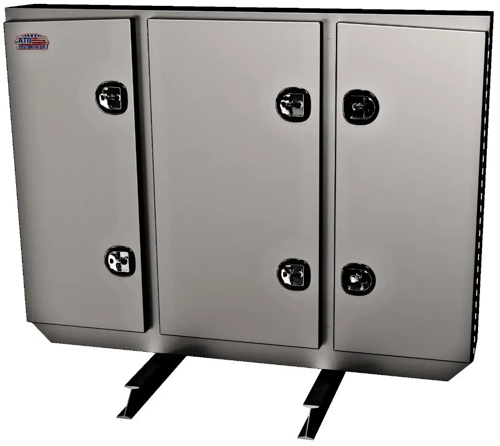 [A-RB51-681280T-SIKBX] A-RB51 - 68"H x 12"D x 80"W - Aluminum Semi Tractor HD Rack Box, Powder Coated MX-Black Body with Smooth Polished Finish Triple Doors, 1 Chain Rack Outside Compartments, and 3 Shelves Center Compartment, DT-T-Handle Lockable Locks and I-Beam Mount.