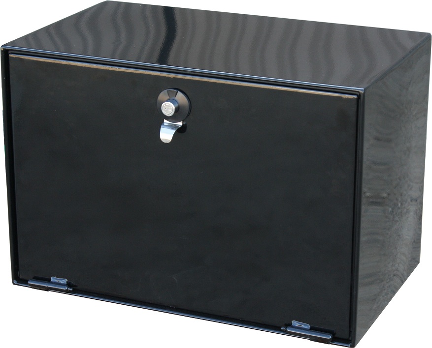 [S-TL41-243148S-BX2] TL41 - 24"(14")H x 31"(11")D x 48"W - 14g Steel 86 Gal Fuel L-Tank with Mounting L-Brackets ,Single Baffled, Two 2", One 1-1/2" & One 3/8" Top Fittings, Side 3/8" Drain and Powder Coated in X-Black.