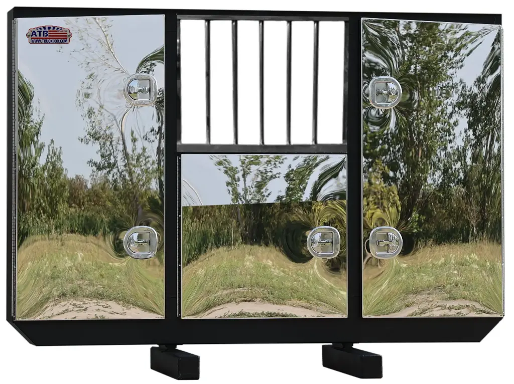 Semi Tractor Rack Box, HD Aluminum Smooth Body and Triple Doors, 1 Chain Rack Outside Compartments, and Window & 1 Shelves Center Compartment, DT-T-Handle Lockable Locks and I-Beam Mount - A-RB54 Series.