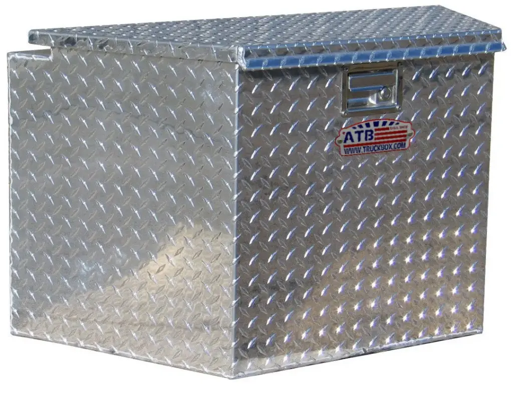A-AF41 16D Aluminum .100g Super HD Trailer A-Frame Tongue Boxes Bright Diamond TP Finish Single Top Open Lid with Gas Springs and Lift Handle Lock.