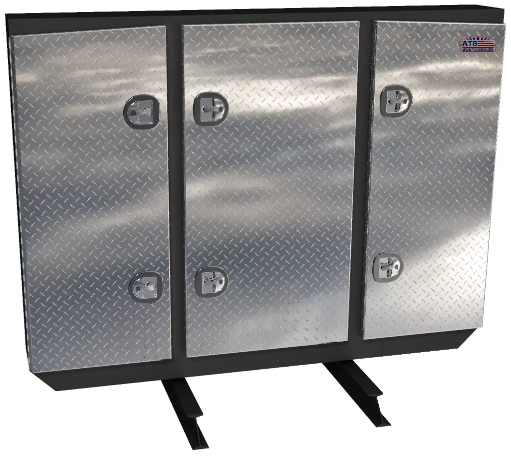 A-RB51 68" Aluminum Semi Tractor Headache Racks Smooth Powder Coated Body and Triple Doors 1 Chain Rack Outside Compartments and 3 Shelves Center Compartment SS DT-T-Handle Lockable Locks and I-Beam Mount.