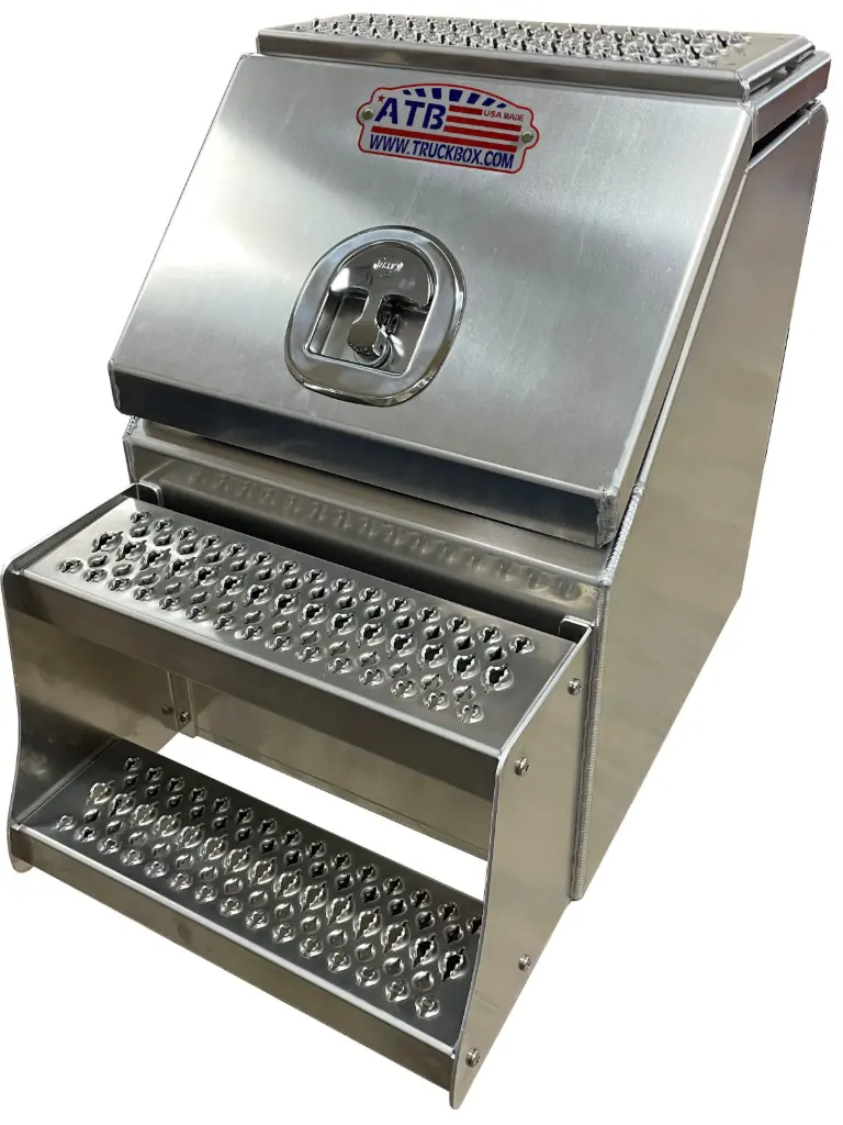 A-SB51SG- 25"H x 28"D- Aluminum Semi Truck Saddle Step Boxes, Smooth Bright Finish, Single Top Hinged Lid with Gas Springs, Pro-Grip Strut Steps & SS-DT-Handle Lock. 