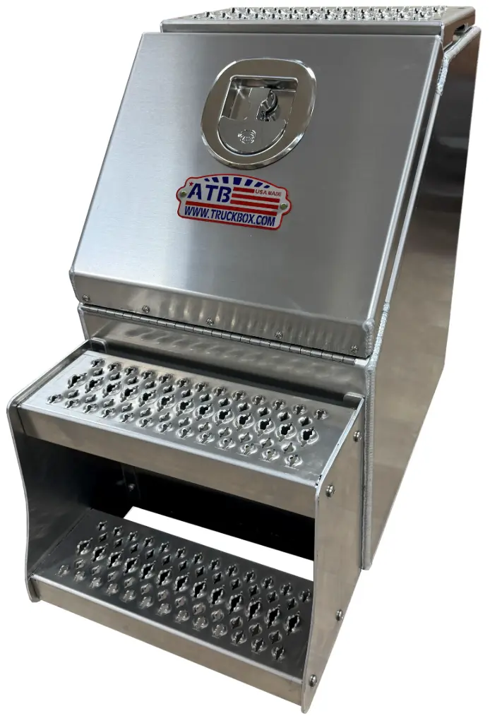 A-SB51S- 25"H x 28"D- Aluminum Semi Truck Saddle Step Boxes Smooth Bright Finish, Single Drop Open Lid with Pro-Grip Strut Steps & SS-DT-Handle Lock.
