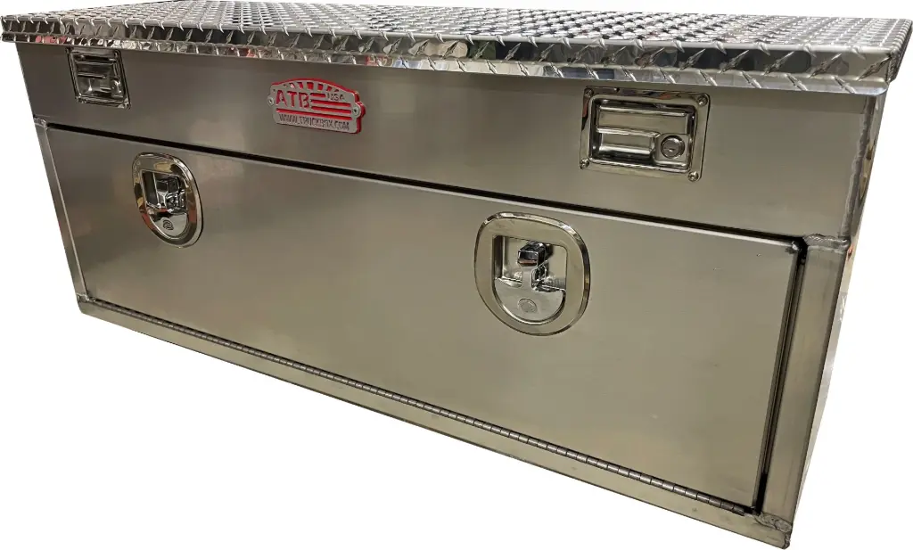 A-TB41 - 20"H x Aluminum Top-Bottom Utility Truck Toolbox, Super Heavy Duty, All Smooth Body, Diamond TP Top Open Lid with Gas Springs, Lift Handle Locks, Rubber Matting & Dividers, Smooth Drop Open Door with Cables & SS DT-T Handle Locks