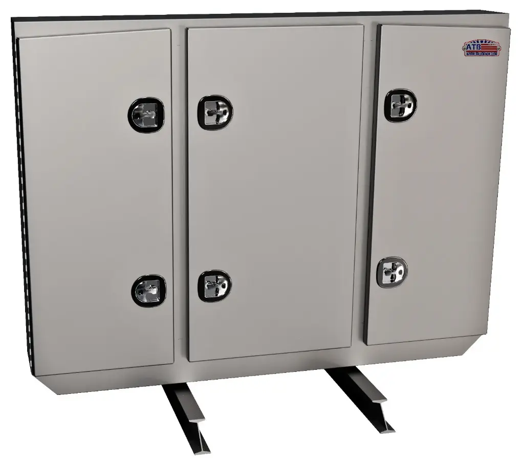 A-RB51- Aluminum Semi Tractor HD Headache Racks, All Smooth Body, Triple Doors, 1 Chain Rack Outside Compartments and 3 Shelves in Center Compartment with SS DT-T-Handle Locks and I-Beam Mount.